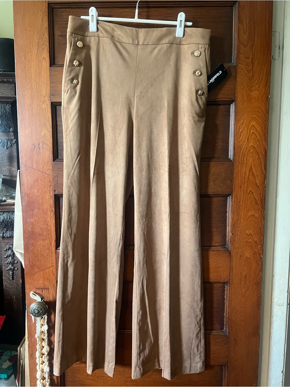 Karl Lagerfeld Tan Wide-Leg Pants with Gold Buttons